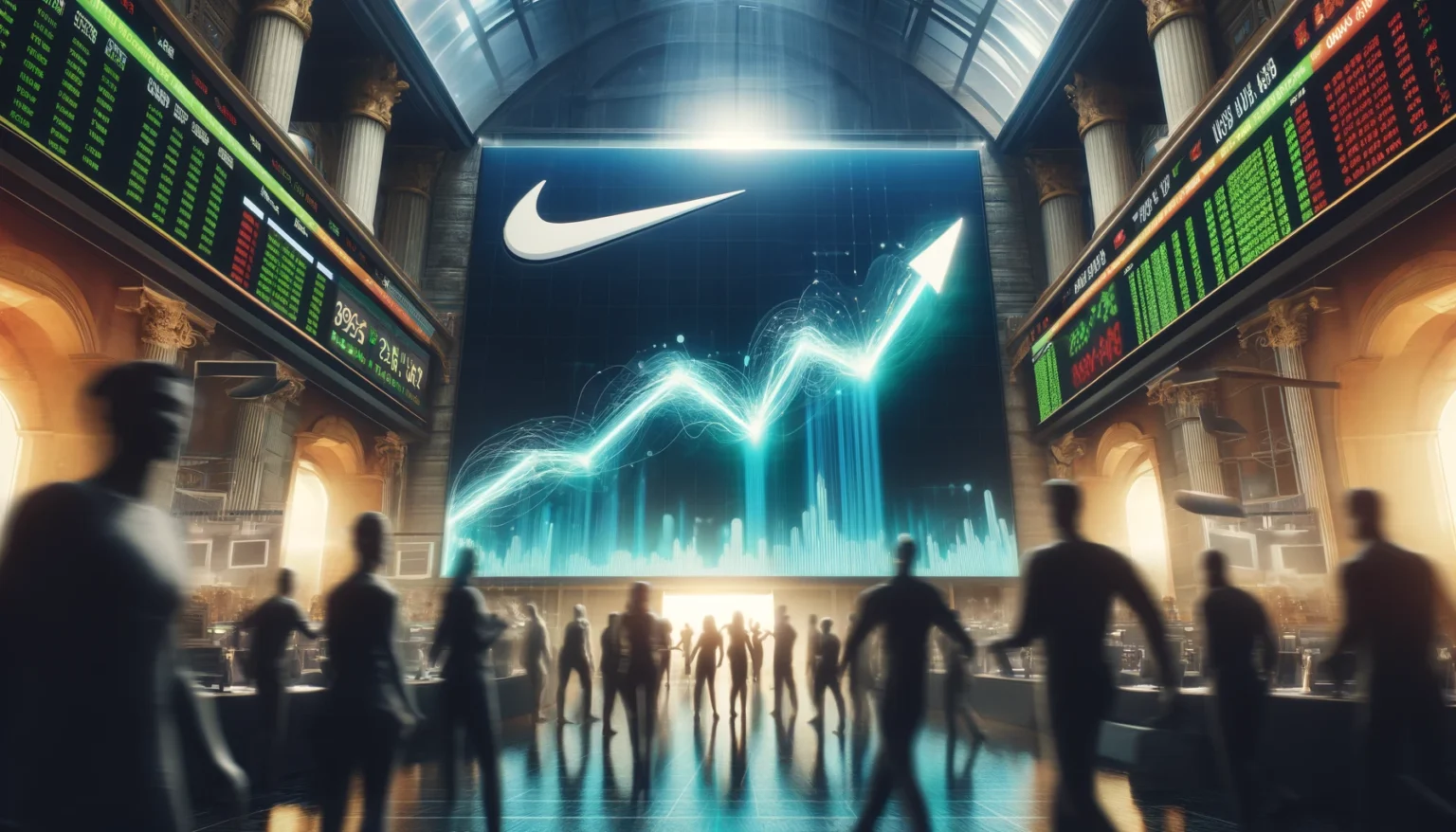 Nike's Market Performance A-photorealistic-landscape-format-image-depicting-Nikes-market-performance.-The-image-features-a-dynamic-stock-market-graph-with-upward-trending-line.
