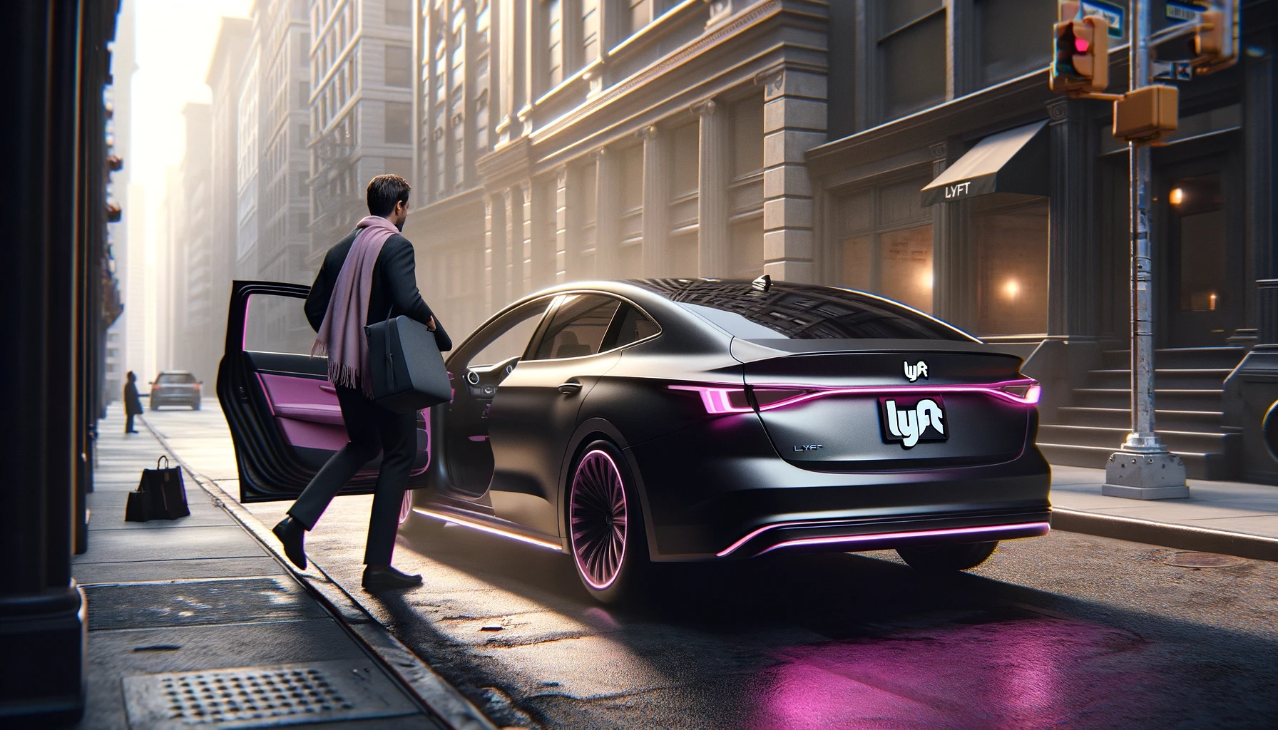 photorealistic-and-cinematic-scene-in-a-landscape-format-showing-a-customer-stepping-out-of-a-sleek-black-car-onto-an-urban-street