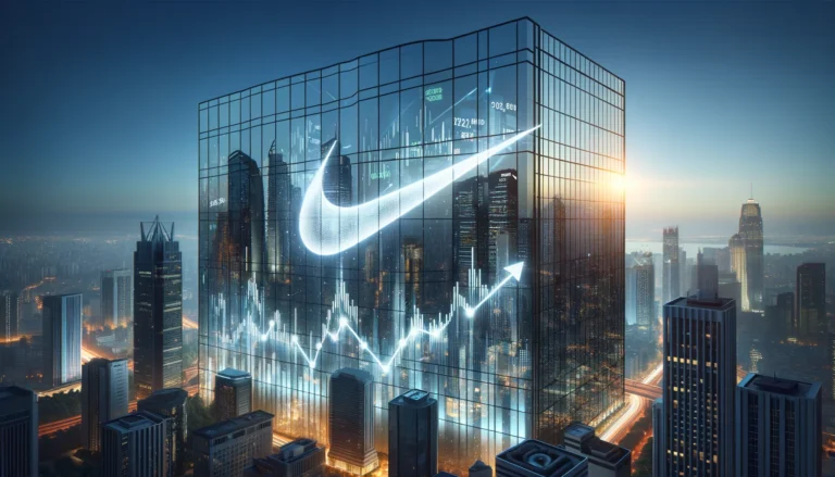 A photorealistic landscape image featuring a large, white Nike Swoosh logo prominently displayed on the facade of a sleek, glass building. The building reflects a bustling city skyline, which subtly includes glowing stock market graphs and upward trending arrows. These elements symbolize economic growth and prosperity, merging modern urban aesthetics with financial themes, emphasizing the dynamic and prosperous future of the Nike brand.